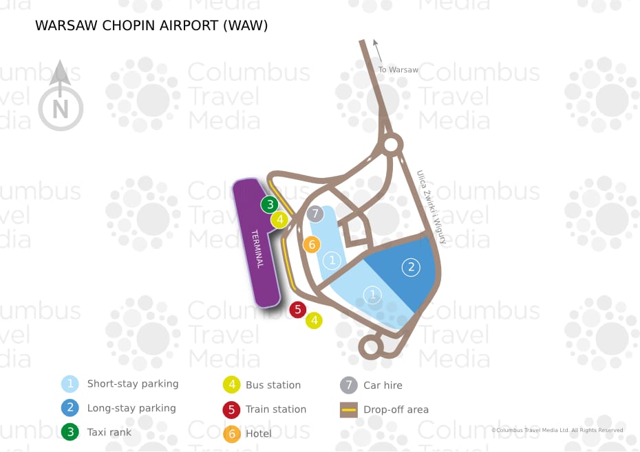 Carte du terminal et de l'aéroport Chopin de Varsovie (WAW)