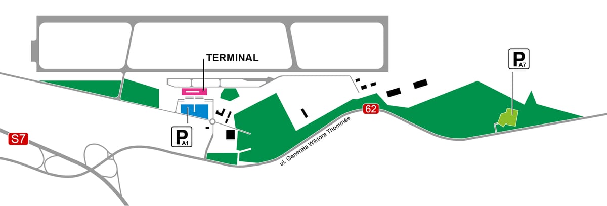 Carte du terminal et de l'aéroport Modlin de Varsovie (WMI)