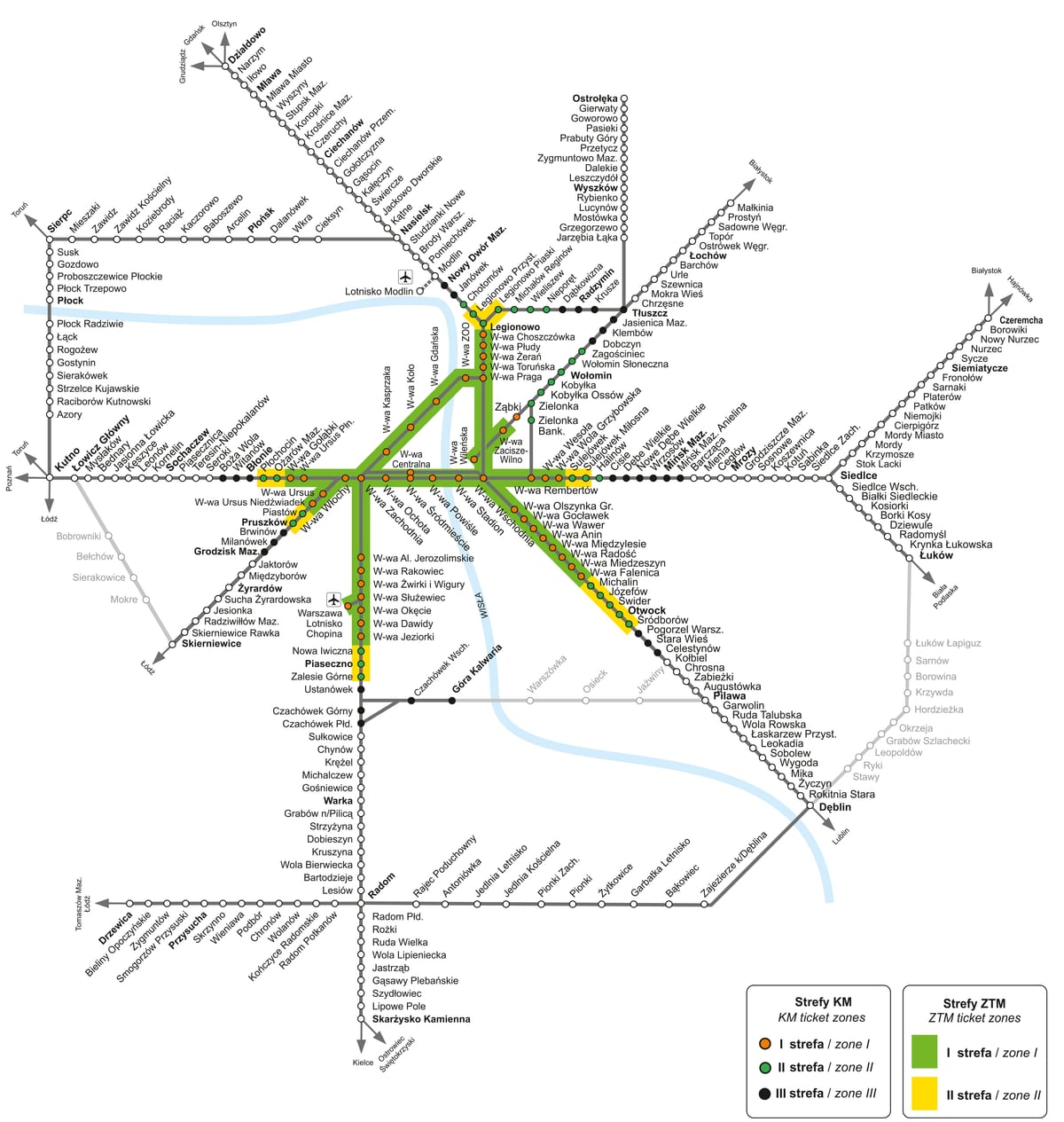 Carte du réseau de train de banlieue KM de Varsovie