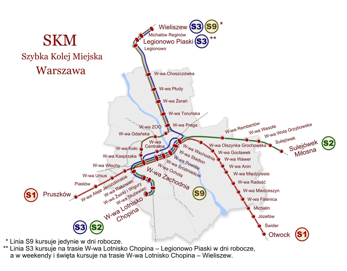 Carte du réseau de train de banlieue SKM de Varsovie