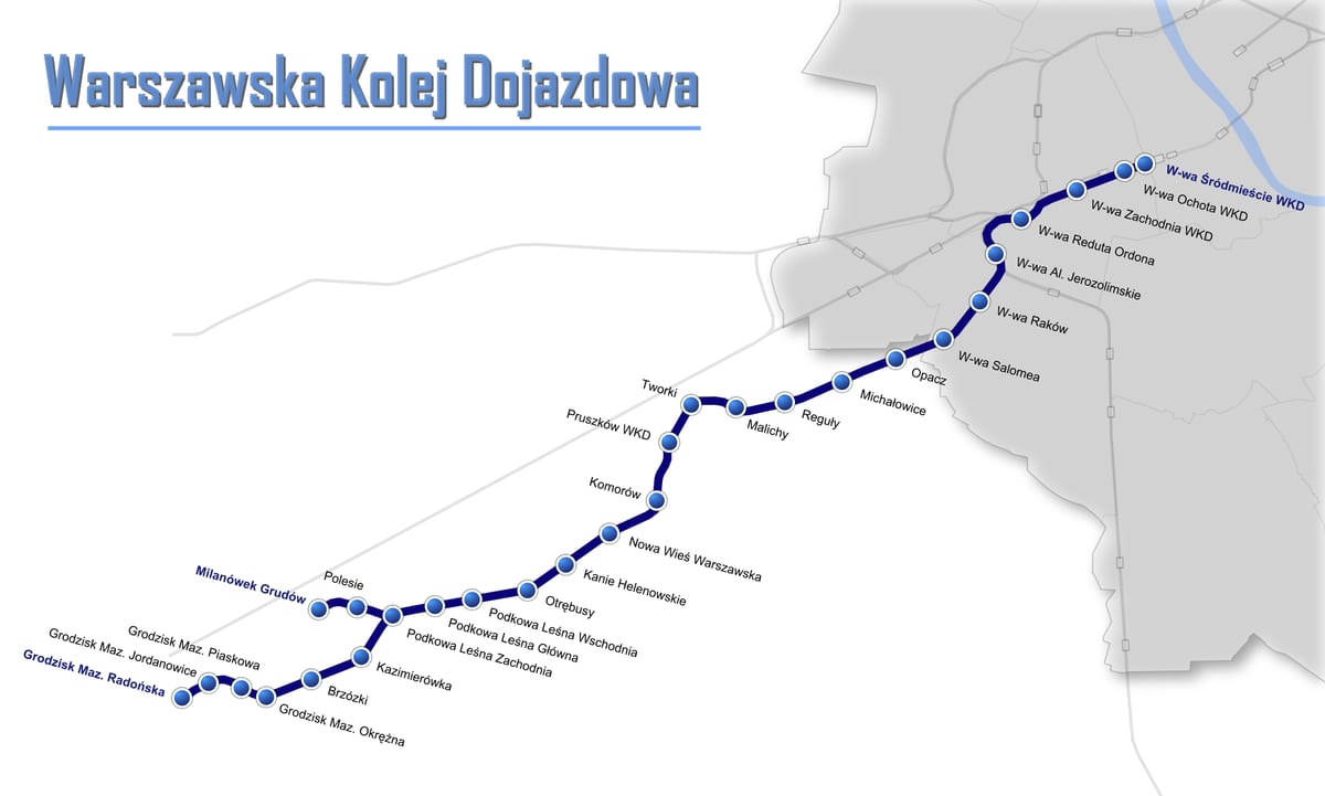 Carte du réseau de train de banlieue WKD de Varsovie
